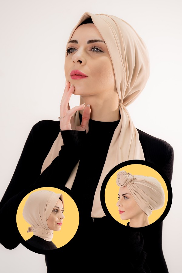 Üç Farklı Bağlamalı Dubai Model Hazır Pratik Şal Bej Rengi